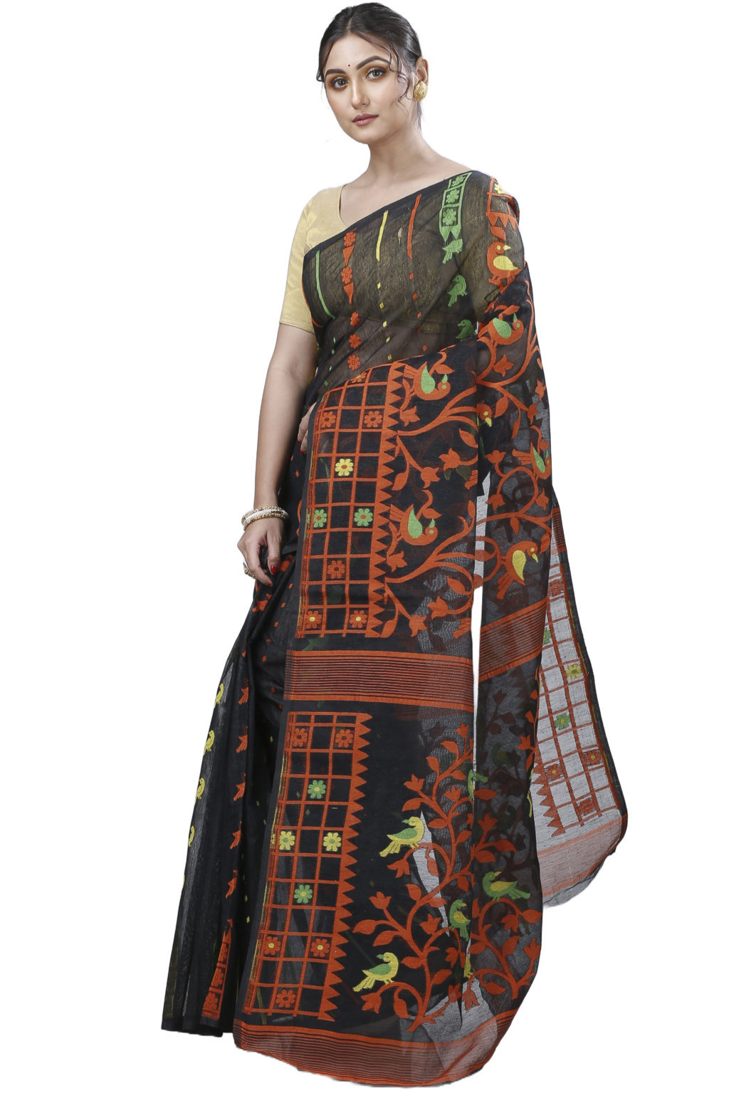 Black Pure Cotton Sabon Jamdani Saree (1306)